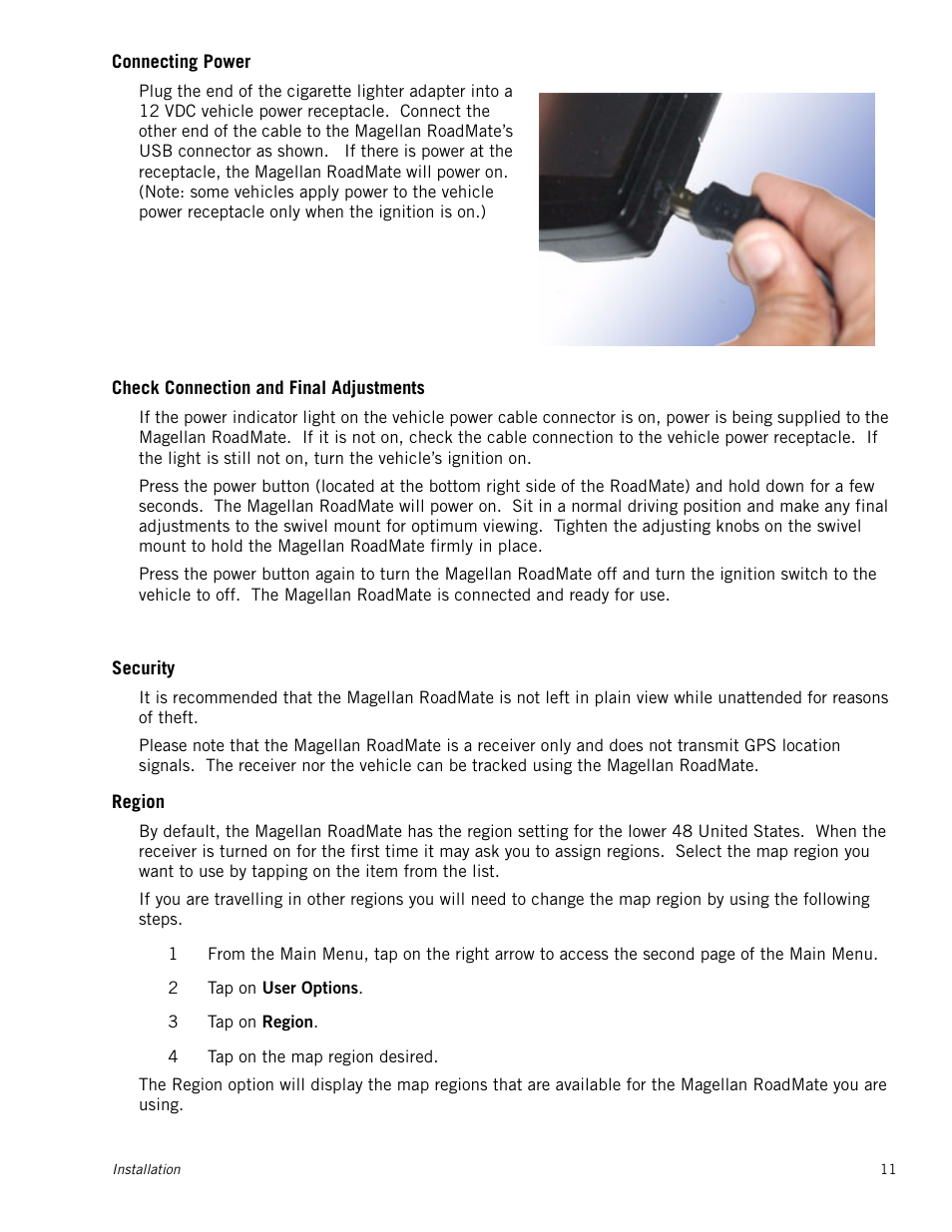 Connecting power, Check connection and final adjustments, Security | Region | Magellan RoadMate 1212 User Manual | Page 19 / 60