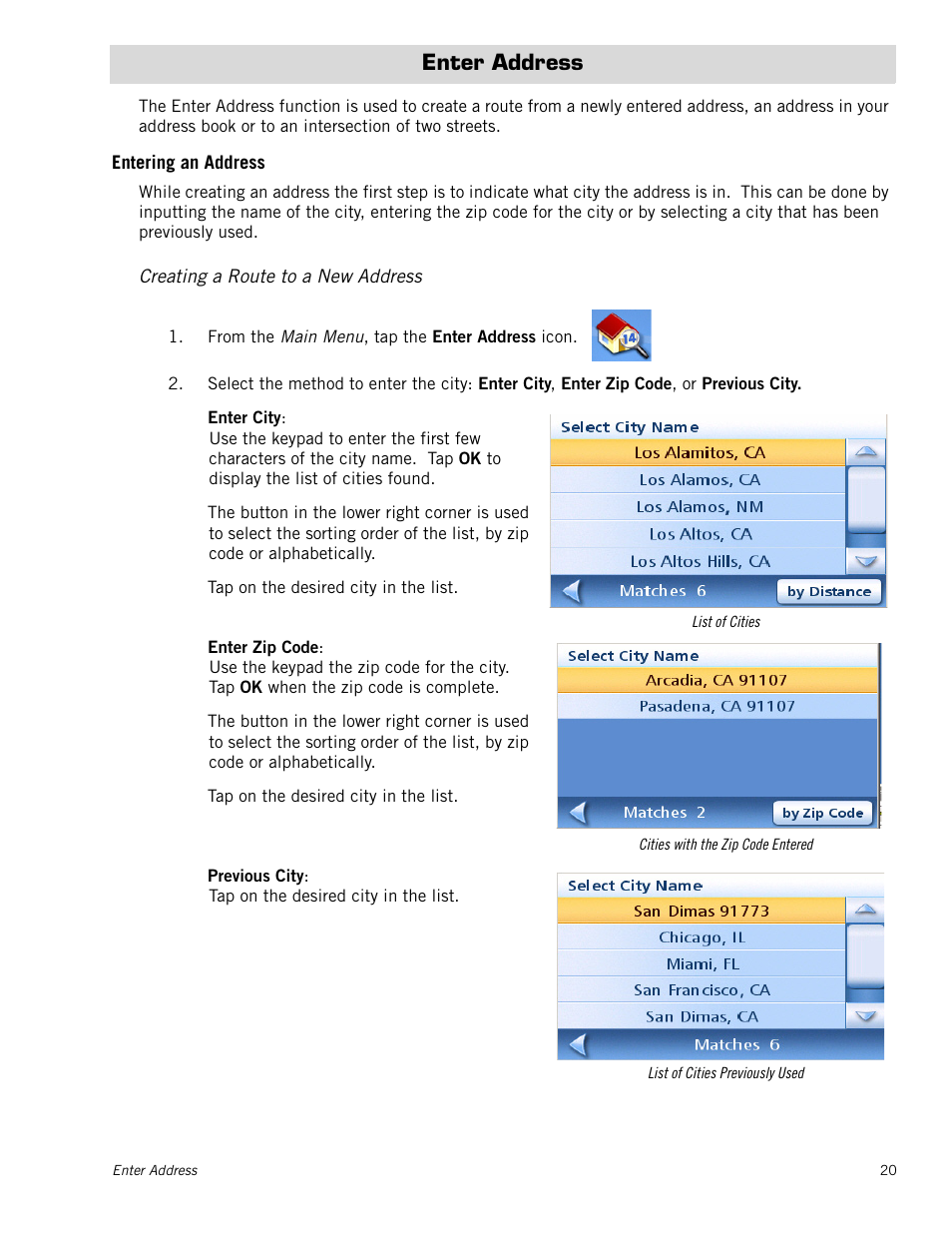 Enter address, Entering an address, Creating a route to a new address | Magellan RoadMate 1212 User Manual | Page 28 / 60