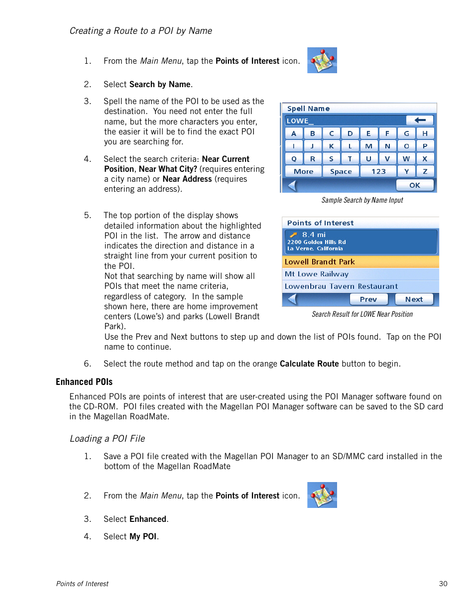 Creating a route to a poi by name, Enhanced pois, Loading a poi file | Magellan RoadMate 1212 User Manual | Page 38 / 60