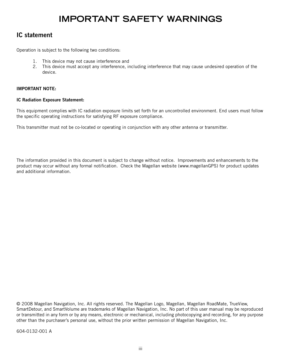 Important safety warnings, Ic statement | Magellan RoadMate 1212 User Manual | Page 4 / 60