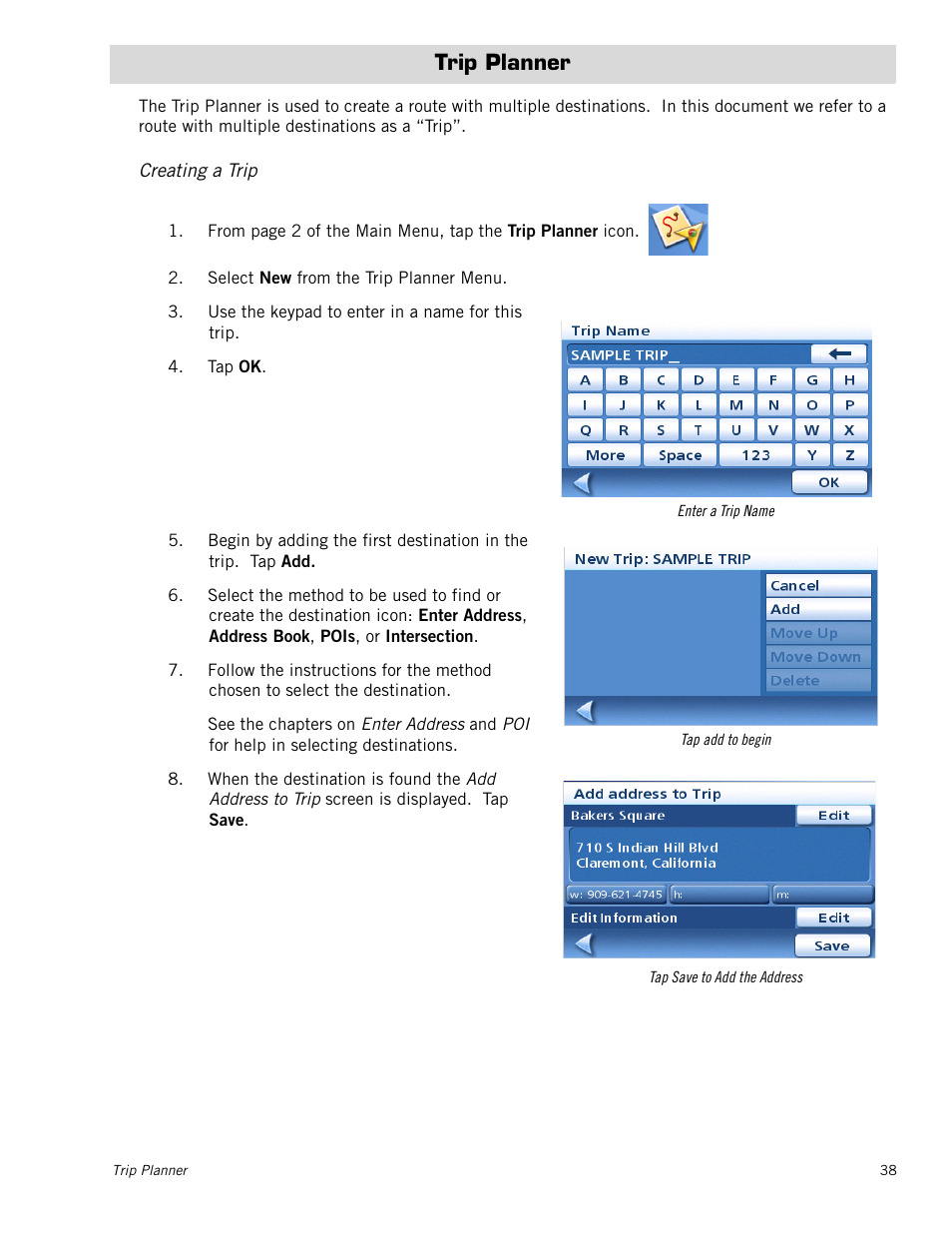 Trip planner, Creating a trip | Magellan RoadMate 1212 User Manual | Page 46 / 60