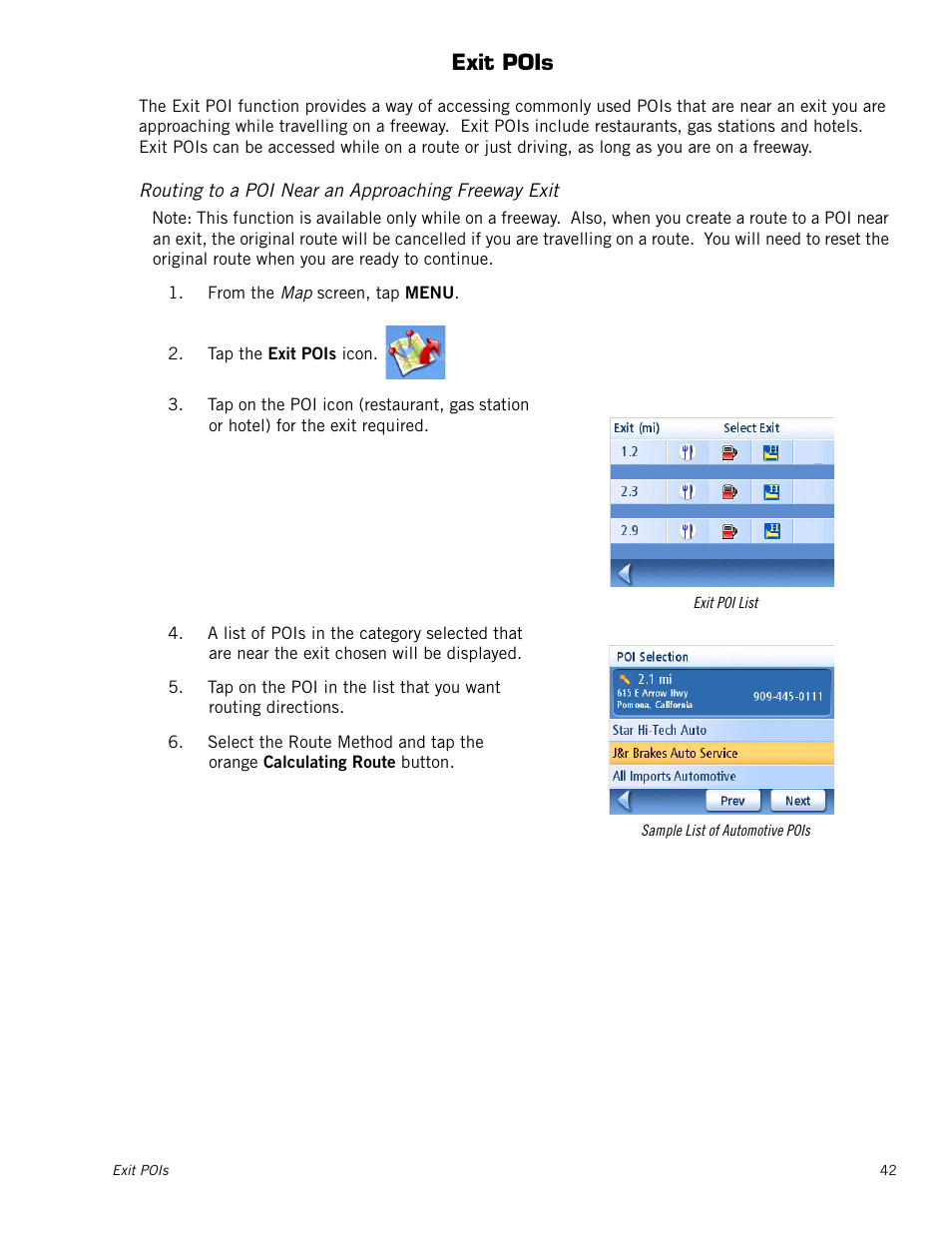 Exit pois, Routing to a poi near an approaching freeway exit | Magellan RoadMate 1212 User Manual | Page 50 / 60