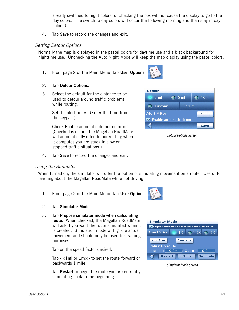 Setting detour options, Using the simulator | Magellan RoadMate 1212 User Manual | Page 57 / 60
