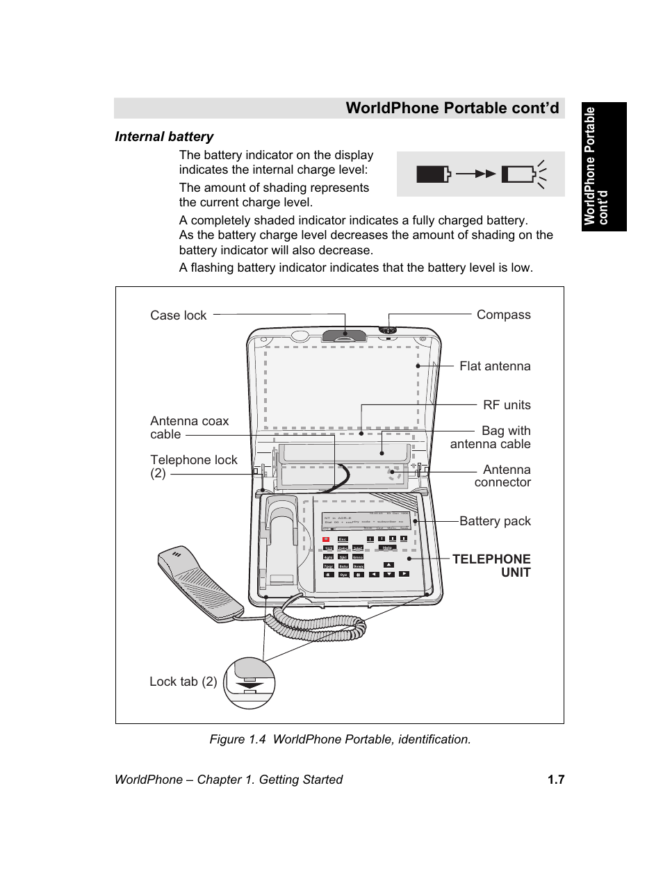 Worldphone portable cont’d, Worldphone portable cont’d internal battery, Worldphone – chapter 1. getting started 1.7 | Magellan GLOBAL SATELLITE TELEPHONE User Manual | Page 13 / 164