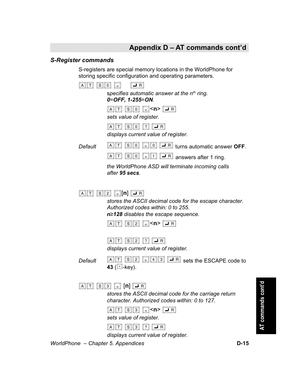 Sets and displays s register values. see, S-register, Commands | At s0, At s0 ? ç, At s0 =0 ç, At s0 =1 ç, At s2, At s2 ? ç, At s2 =43 ç | Magellan GLOBAL SATELLITE TELEPHONE User Manual | Page 143 / 164