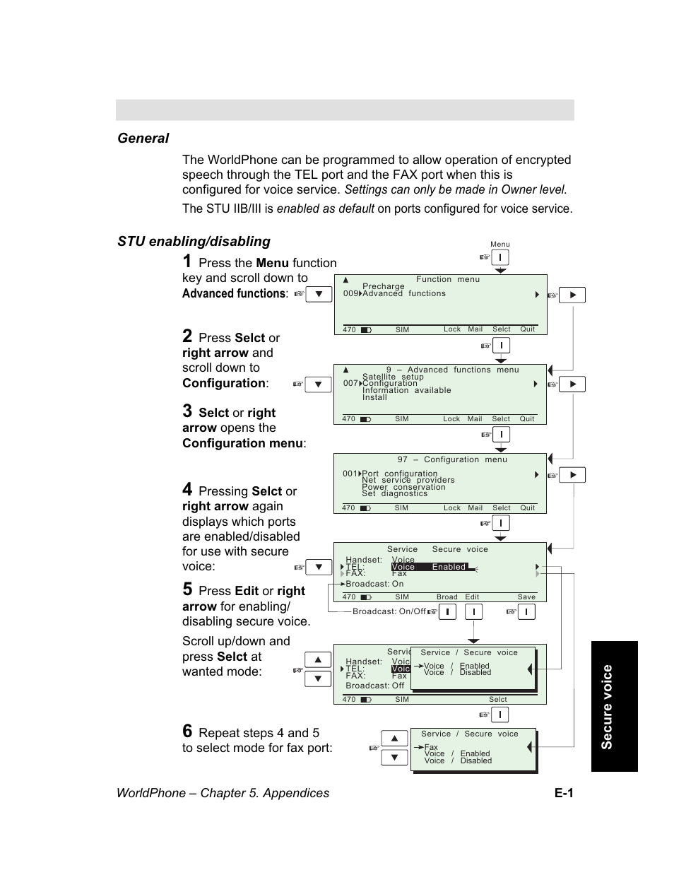 Appendix e – secure voice (option), Appendix e, Appendix e – secure voice option | For enabling/disabling of secure voice, see, Appendix e – secure voice (option) appendix e, Secure voice, Secure voice (option) general, Stu enabling/disabling | Magellan GLOBAL SATELLITE TELEPHONE User Manual | Page 147 / 164