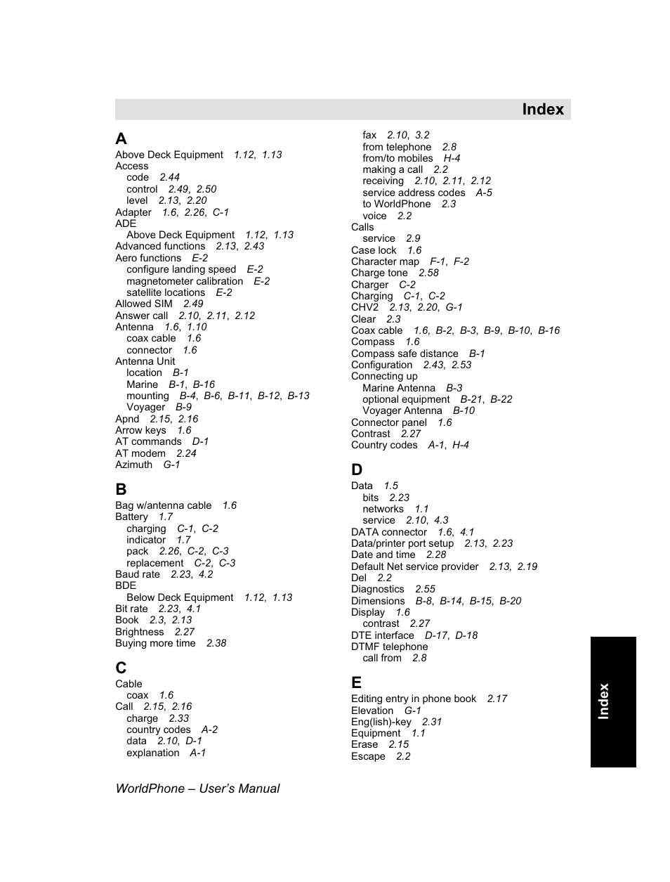 Index | Magellan GLOBAL SATELLITE TELEPHONE User Manual | Page 159 / 164
