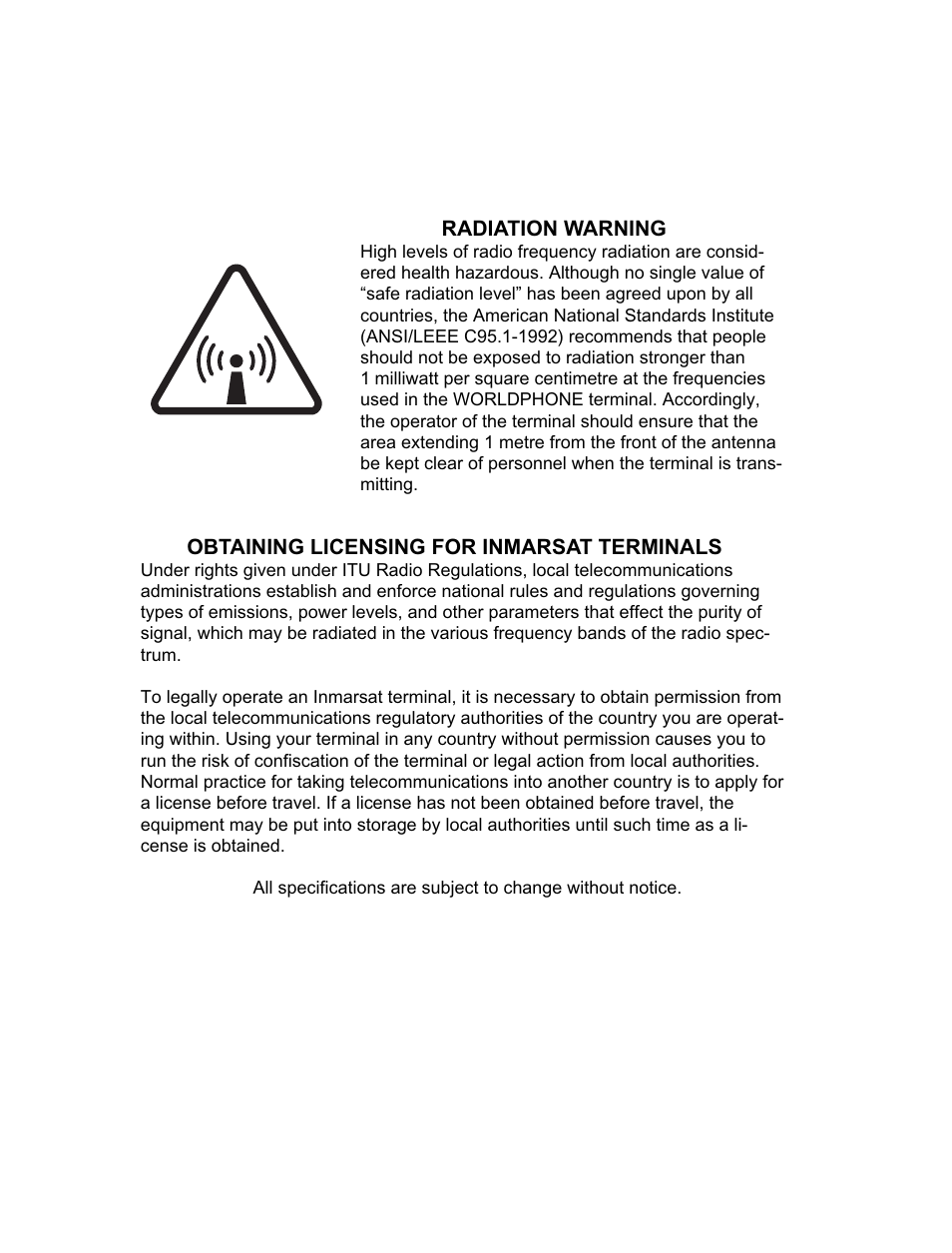 Radiation warning, Obtaining licensing for inmarsat terminals | Magellan GLOBAL SATELLITE TELEPHONE User Manual | Page 2 / 164