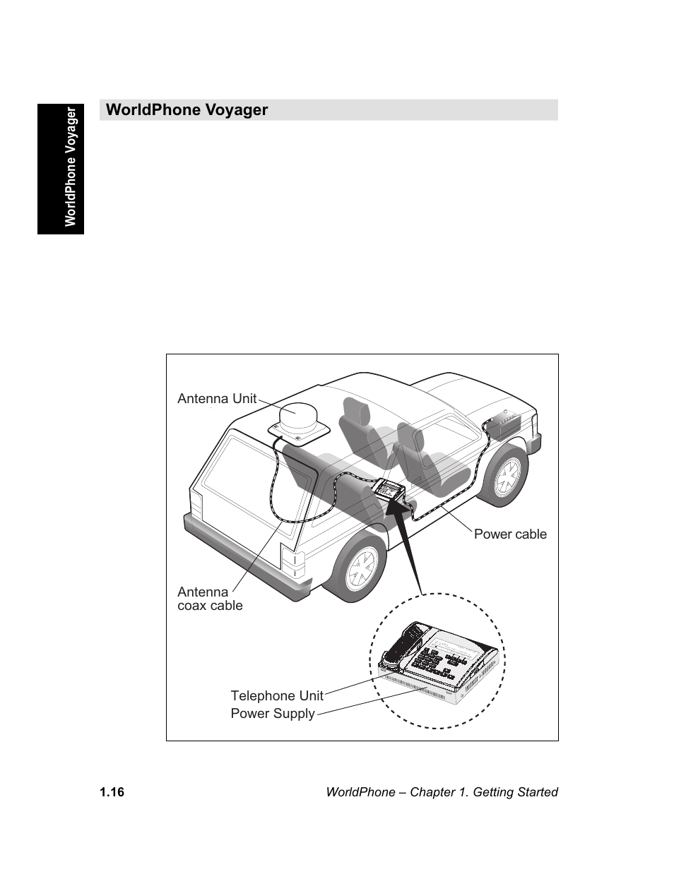 Worldphone voyager, General, Setting up | Outdoor equipment – ode, Indoor equipment – ide, For installation, see appendix b, Worldphone – chapter 1. getting started 1.16, The worldphone voyager comprises | Magellan GLOBAL SATELLITE TELEPHONE User Manual | Page 22 / 164