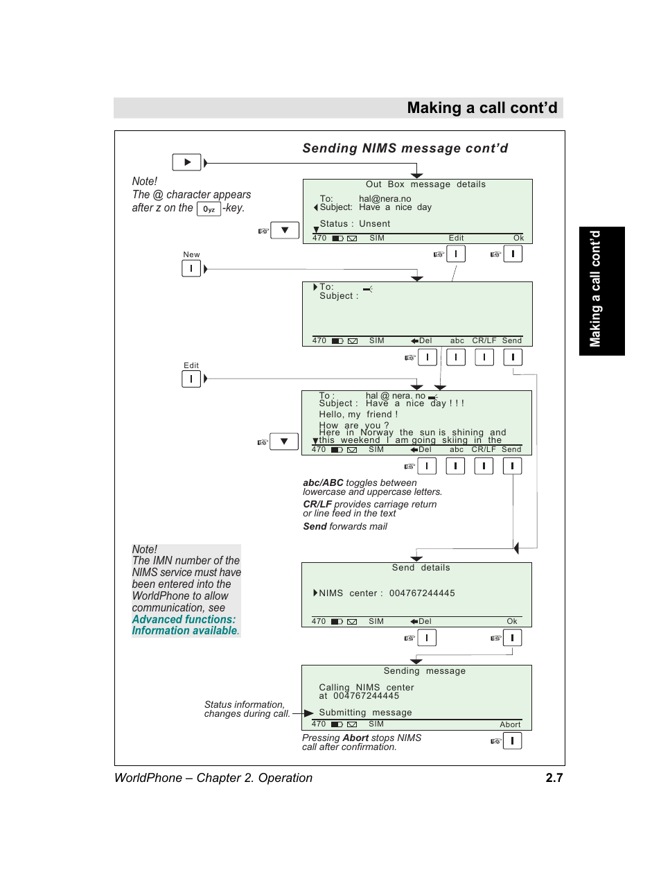 Making a call cont’d, Sending nims message cont’d, Worldphone – chapter 2. operation 2.7 | Magellan GLOBAL SATELLITE TELEPHONE User Manual | Page 31 / 164