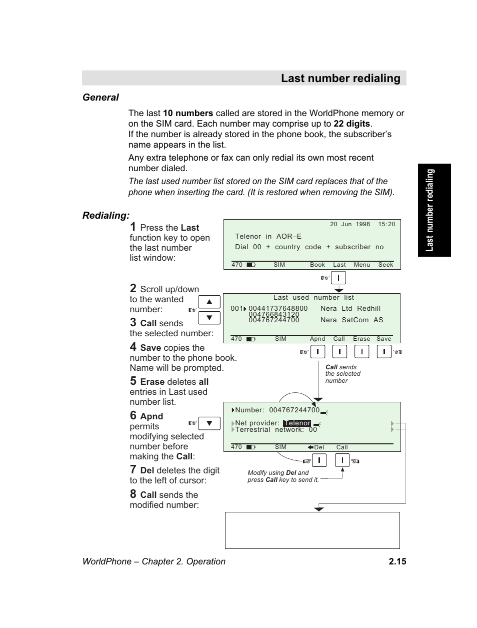 Last number redialing, Last see, L a s t | Magellan GLOBAL SATELLITE TELEPHONE User Manual | Page 39 / 164