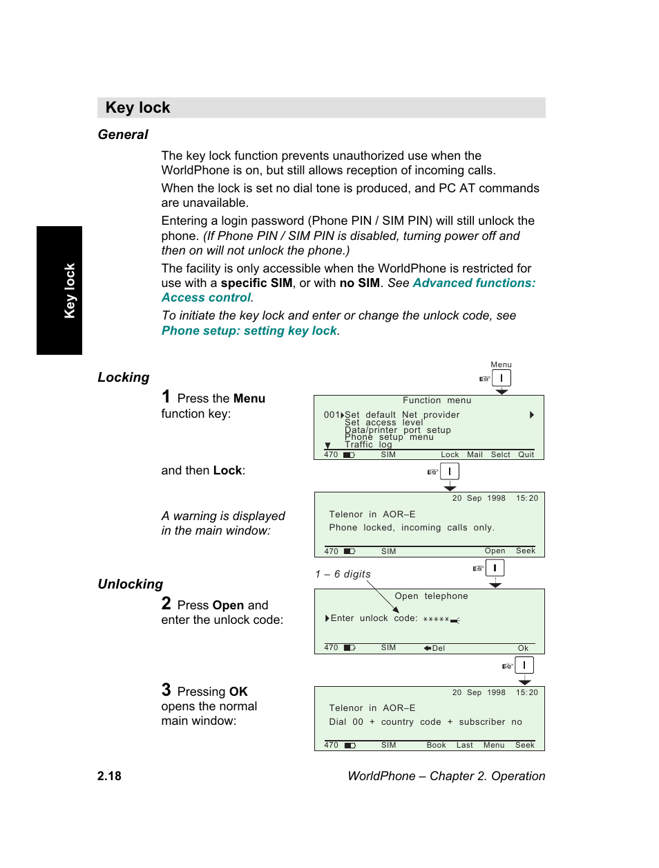 Key lock, M e n u | Magellan GLOBAL SATELLITE TELEPHONE User Manual | Page 42 / 164