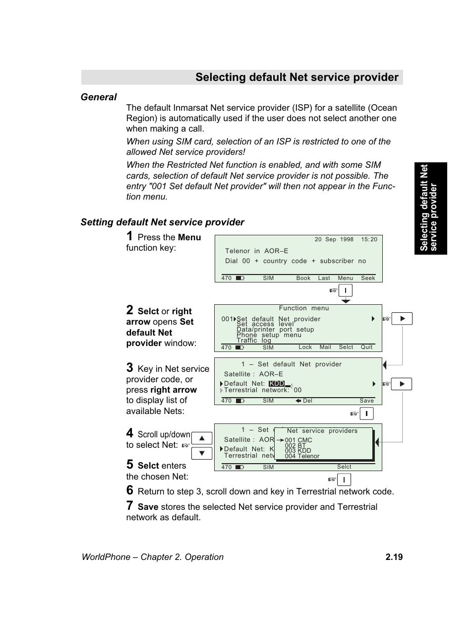 Selecting default net service provider, M e n u | Magellan GLOBAL SATELLITE TELEPHONE User Manual | Page 43 / 164