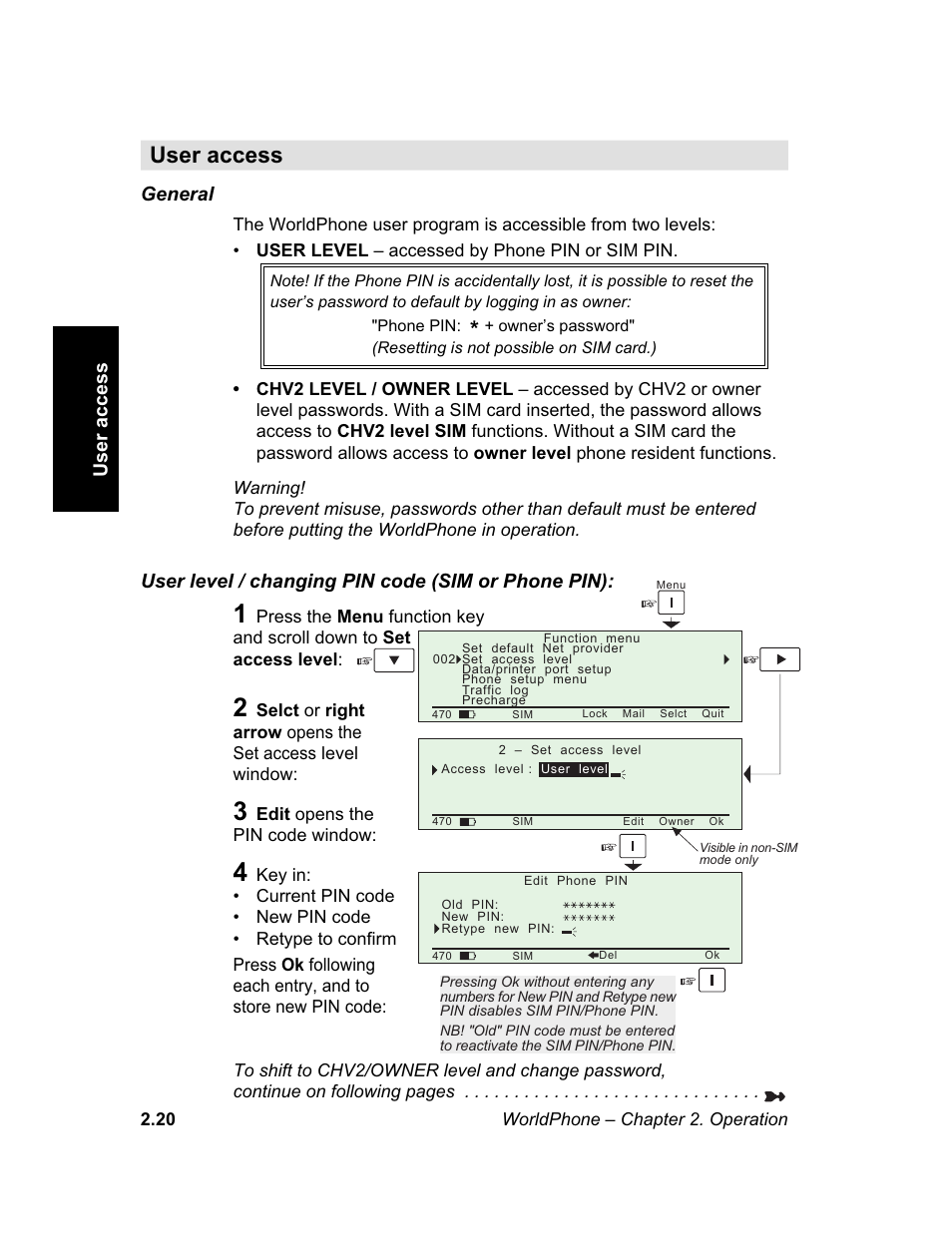 User access, In chapter 2, Operation | User, Access, In chapter 2. operation, In this chapter, M e n u | Magellan GLOBAL SATELLITE TELEPHONE User Manual | Page 44 / 164