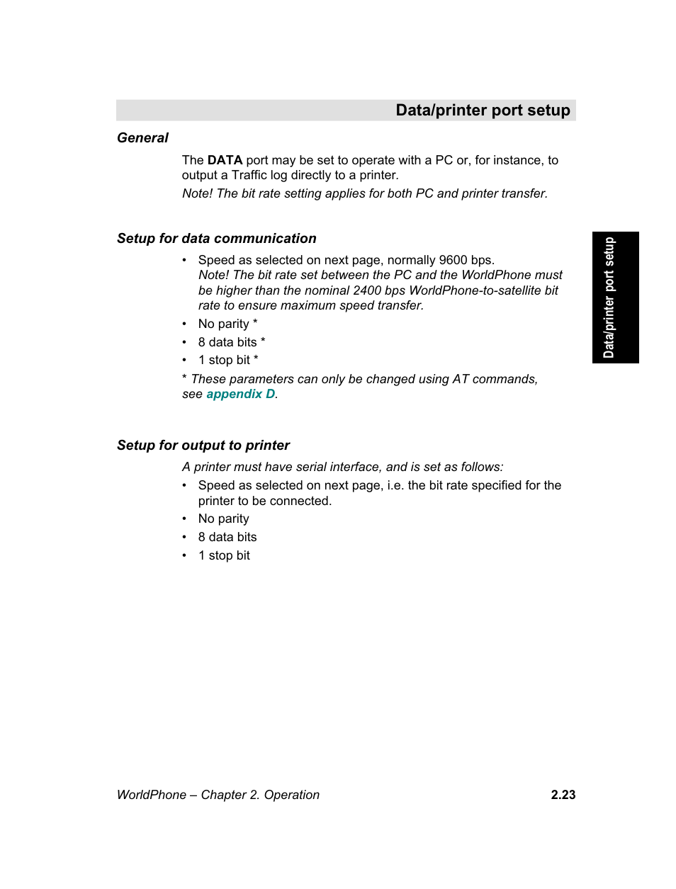 Data/printer port setup, A printer is enabled, see, M e n u | Magellan GLOBAL SATELLITE TELEPHONE User Manual | Page 47 / 164