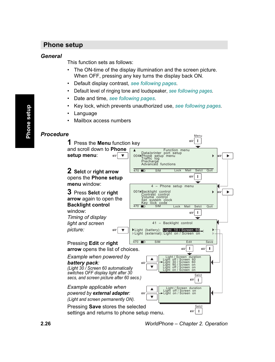 Phone setup, M e n u, Phone setup general | Procedure | Magellan GLOBAL SATELLITE TELEPHONE User Manual | Page 50 / 164