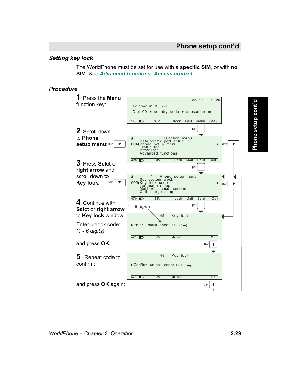 Setting key lock, Phone setup: setting key lock, Key lock, which prevents unauthorized use | M e n u, Phone setup cont’d, Procedure | Magellan GLOBAL SATELLITE TELEPHONE User Manual | Page 53 / 164