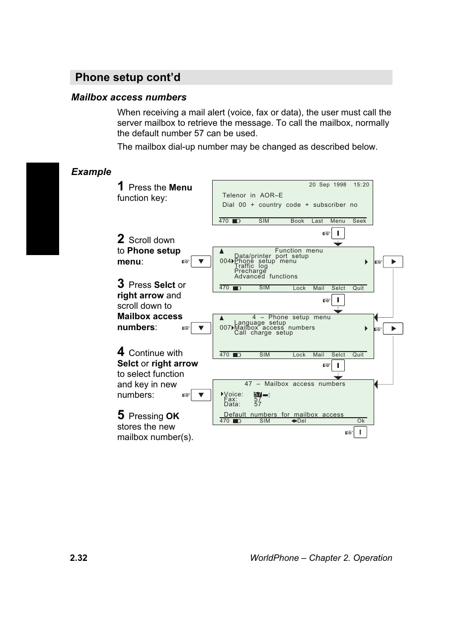 Mailbox access numbers, M e n u, Phone setup cont’d mailbox access numbers | Example | Magellan GLOBAL SATELLITE TELEPHONE User Manual | Page 56 / 164