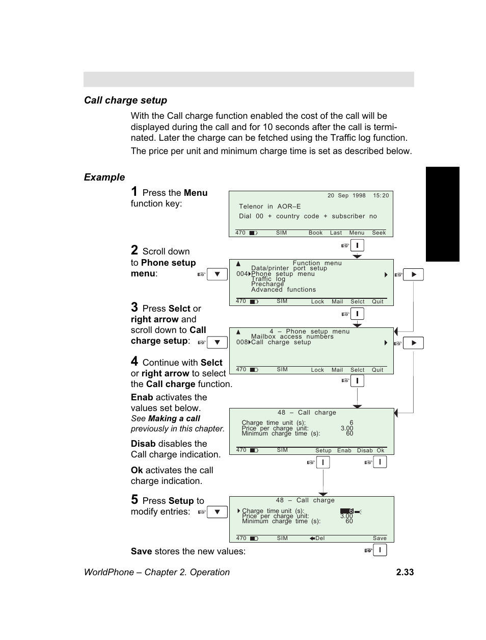Call charge setup, M e n u, Phone setup cont’d call charge setup | Example | Magellan GLOBAL SATELLITE TELEPHONE User Manual | Page 57 / 164