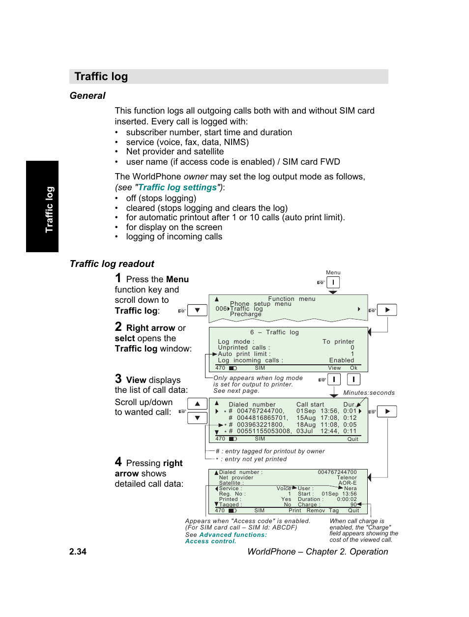 Traffic log, Printout. see, M e n u | Magellan GLOBAL SATELLITE TELEPHONE User Manual | Page 58 / 164