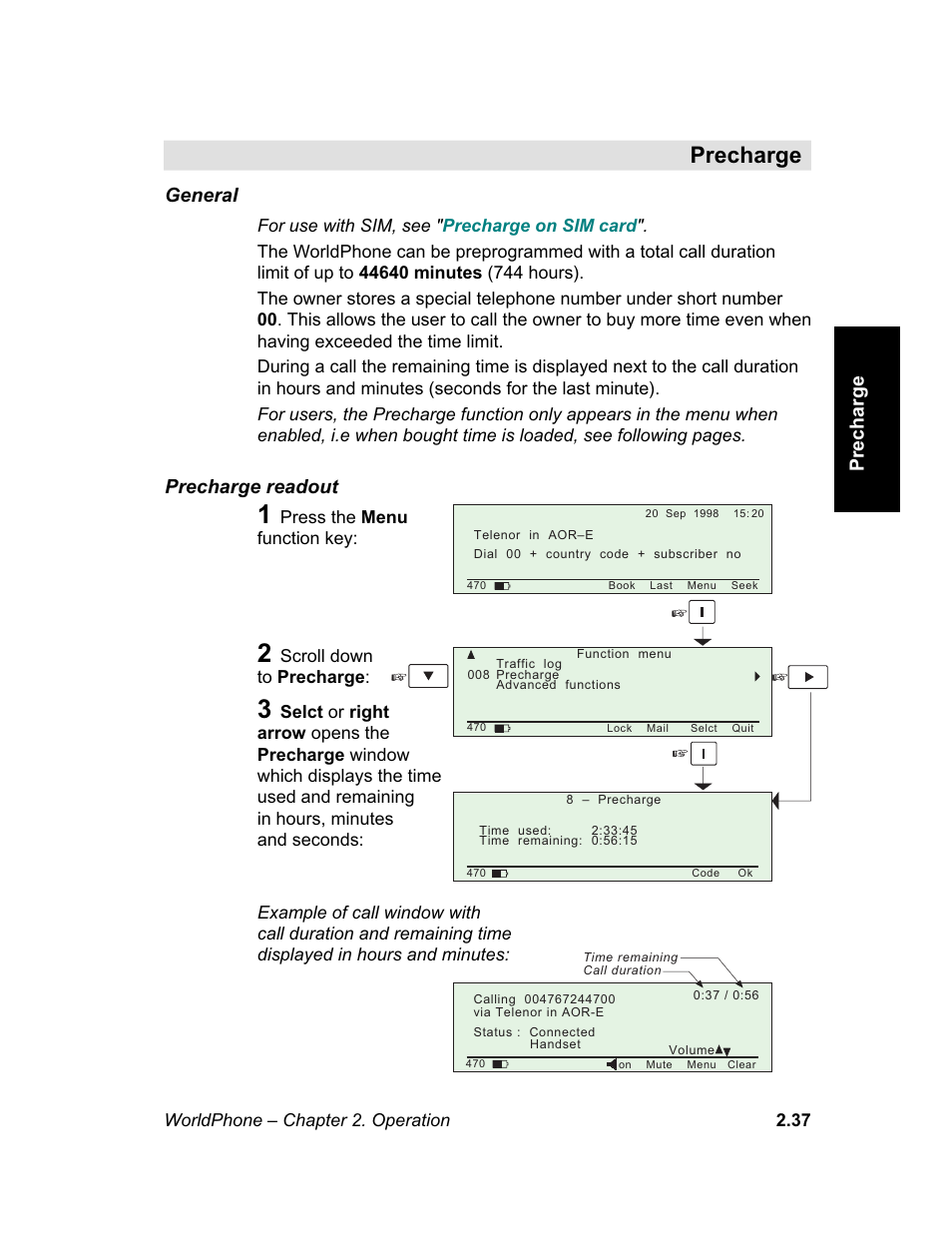 Precharge, M e n u, General | Precharge readout | Magellan GLOBAL SATELLITE TELEPHONE User Manual | Page 61 / 164