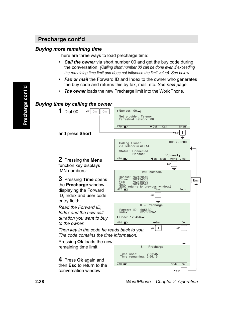 M e n u, Precharge cont’d, Buying more remaining time | Buying time by calling the owner | Magellan GLOBAL SATELLITE TELEPHONE User Manual | Page 62 / 164