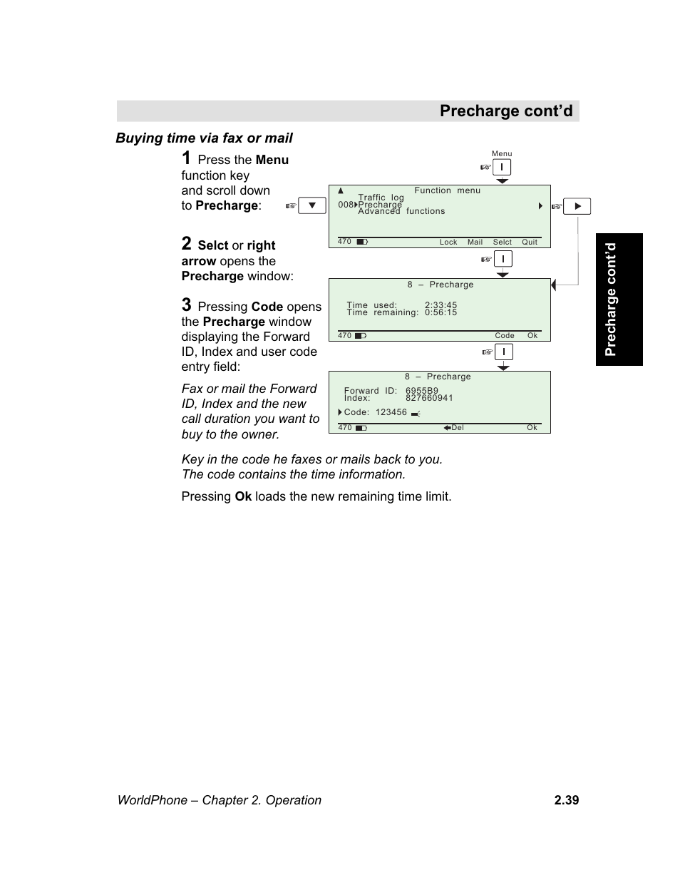 M e n u, Buying time via fax or mail, Precharge cont’d | Magellan GLOBAL SATELLITE TELEPHONE User Manual | Page 63 / 164