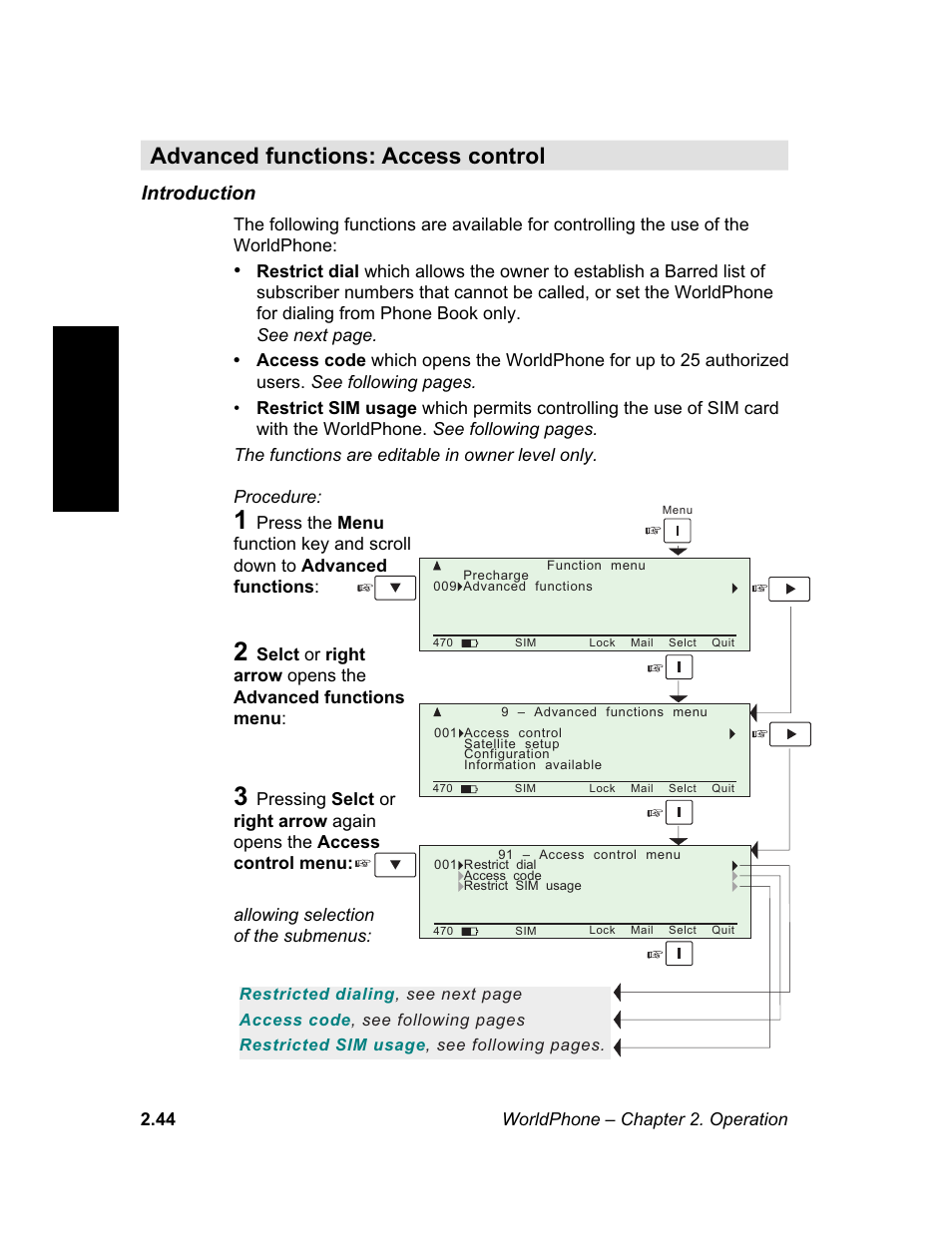 Access control, Advanced functions: access control, Advanced functions | M e n u | Magellan GLOBAL SATELLITE TELEPHONE User Manual | Page 68 / 164
