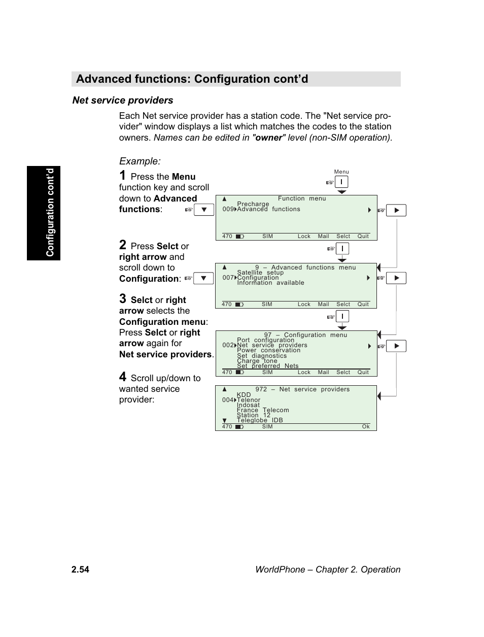 Net service providers, M e n u, Advanced functions: configuration cont’d | Example, Configuration cont’d | Magellan GLOBAL SATELLITE TELEPHONE User Manual | Page 78 / 164