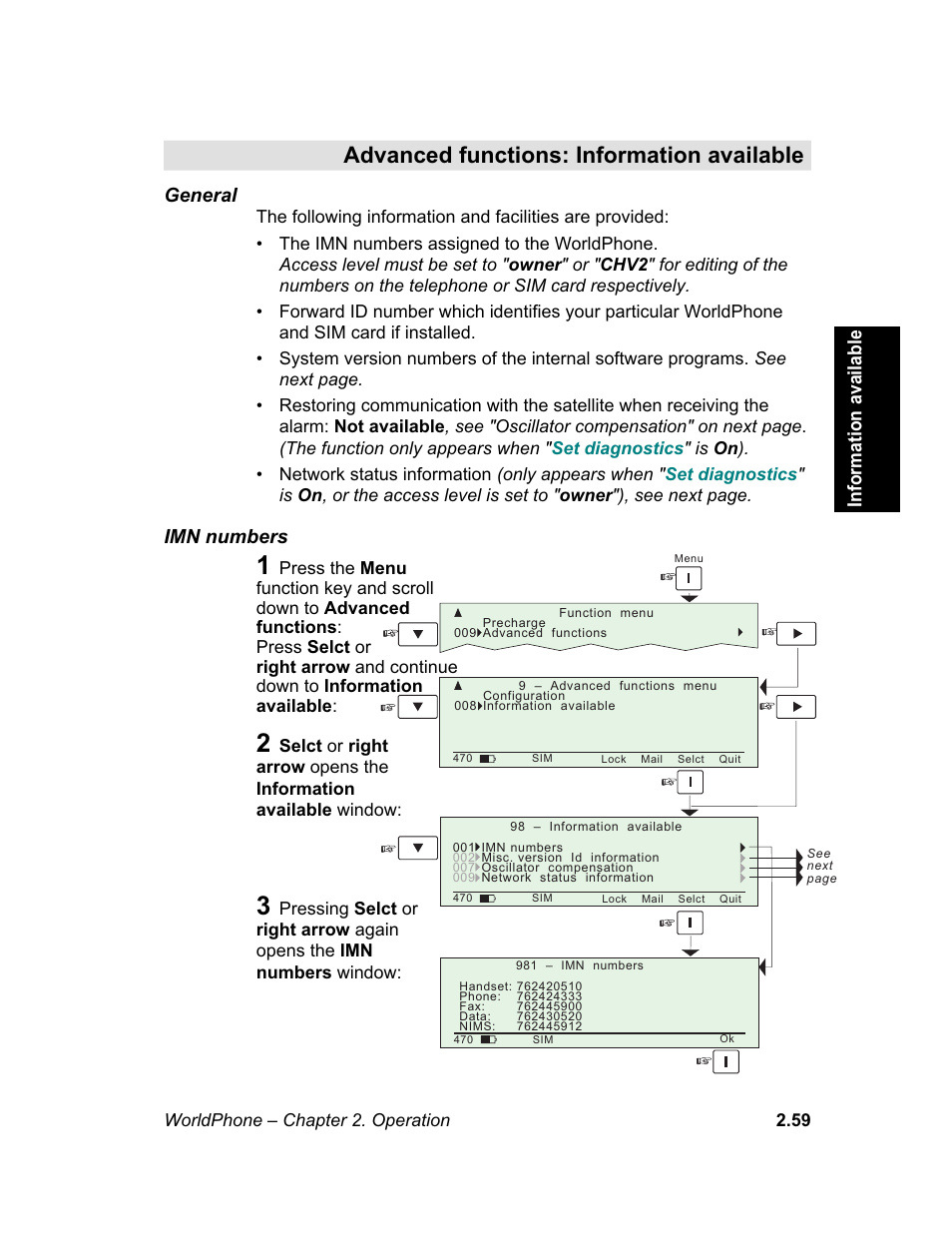 Information available, Imn numbers, Misc. version id information | Imn numbers misc. version id information, M e n u, Advanced functions: information available, General | Magellan GLOBAL SATELLITE TELEPHONE User Manual | Page 83 / 164