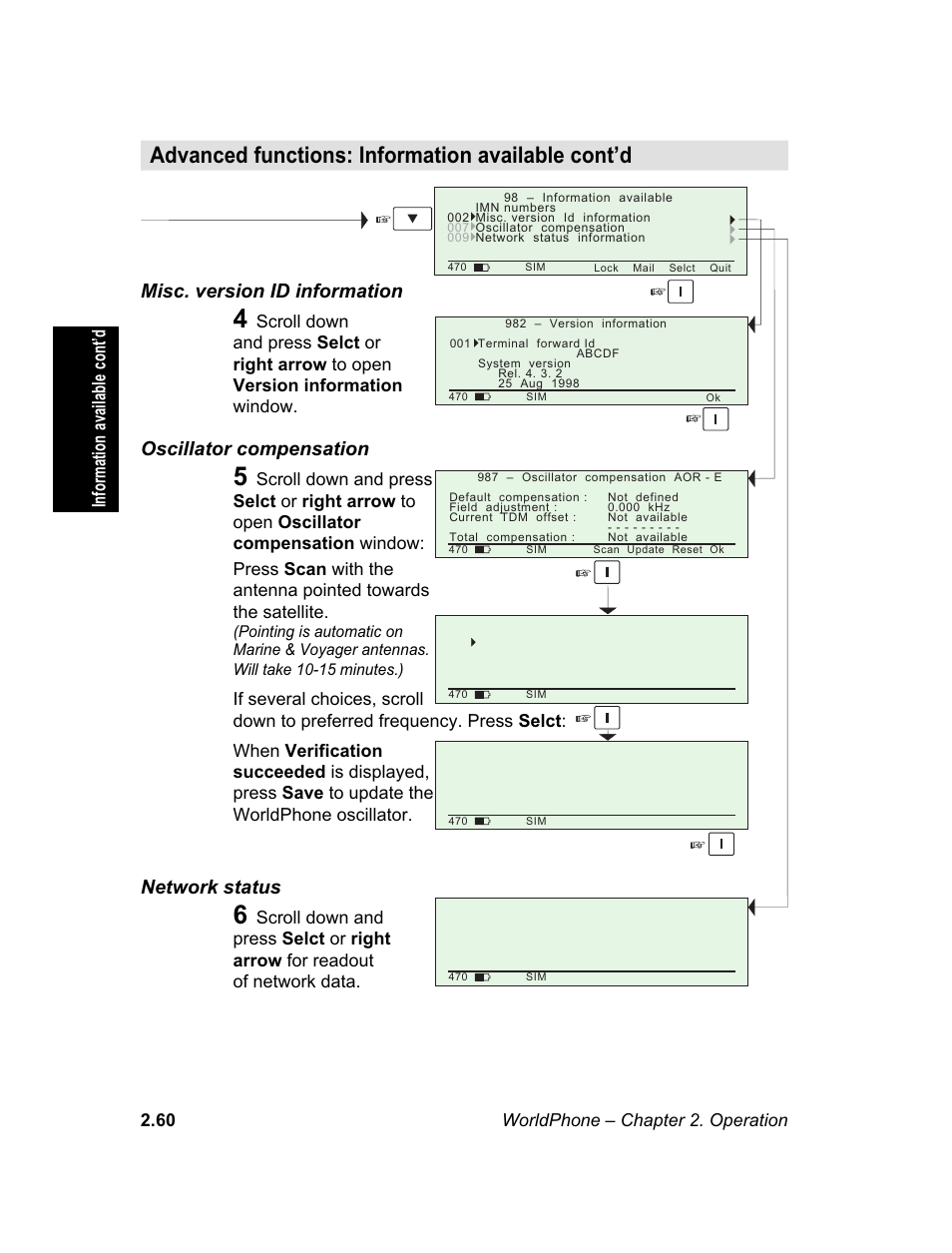Installation, Paid functions, Phone name setup | Paid functions phone name setup, M e n u, Advanced functions: information available cont’d, Misc. version id information, Oscillator compensation, Network status, Information available cont’d | Magellan GLOBAL SATELLITE TELEPHONE User Manual | Page 84 / 164