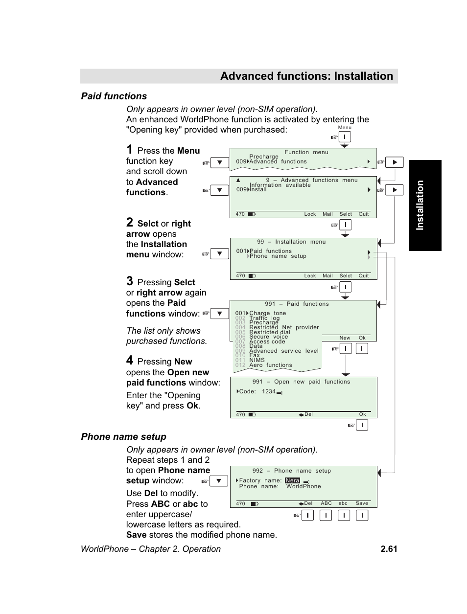 Installation, Paid functions phone name setup, M e n u | Advanced functions: installation, Paid functions, Phone name setup | Magellan GLOBAL SATELLITE TELEPHONE User Manual | Page 85 / 164