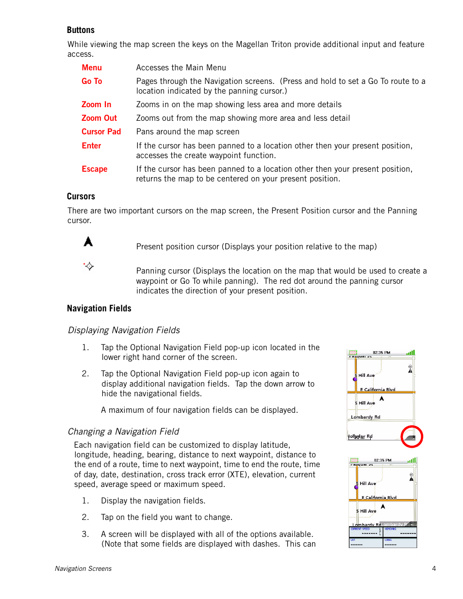Displaying navigation fields, Changing a navigation field, Buttons | Cursors, Navigation fields | Magellan RoadMate 2000 User Manual | Page 11 / 33