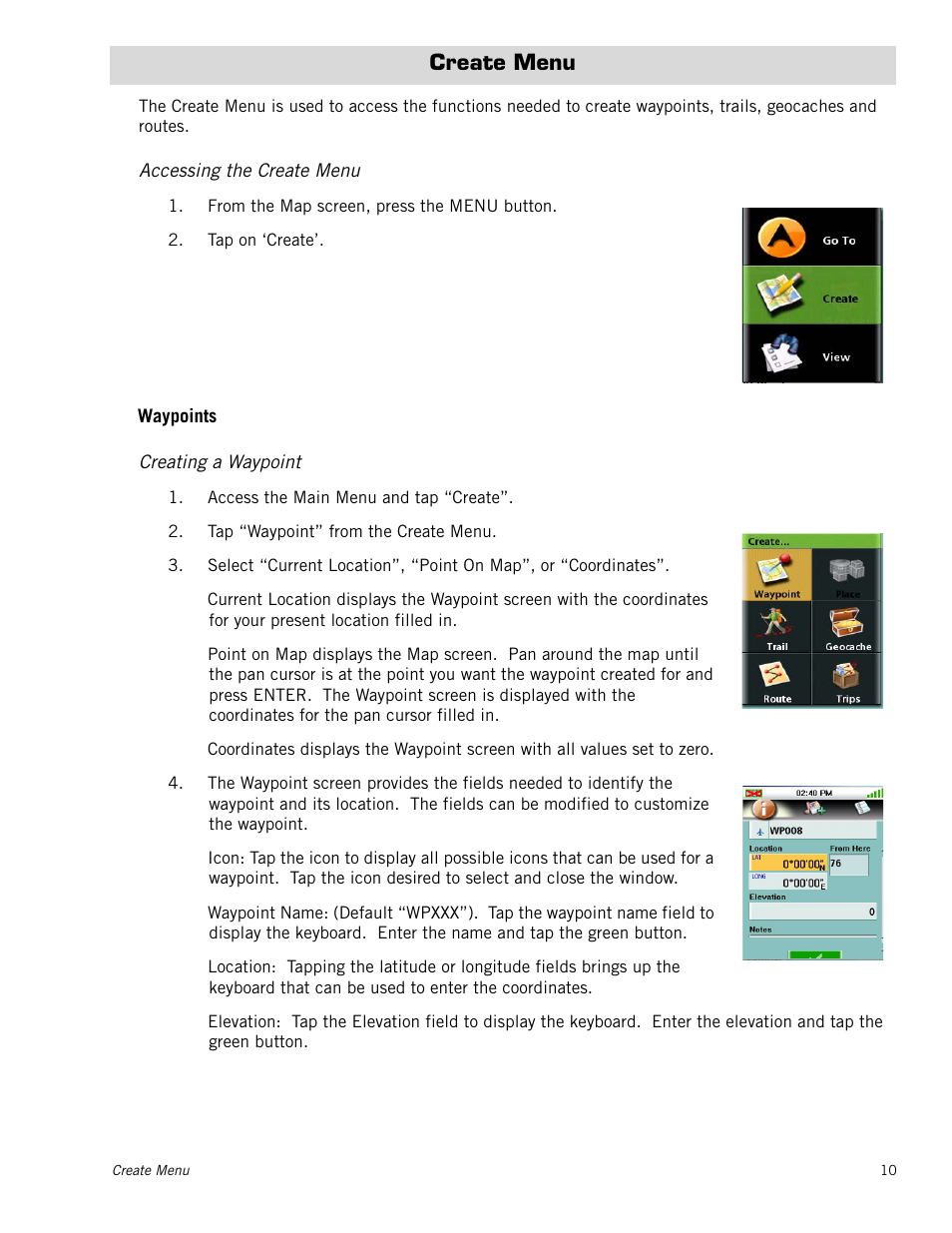 Create menu, Accessing the create menu, Creating a waypoint | Waypoints | Magellan RoadMate 2000 User Manual | Page 16 / 33
