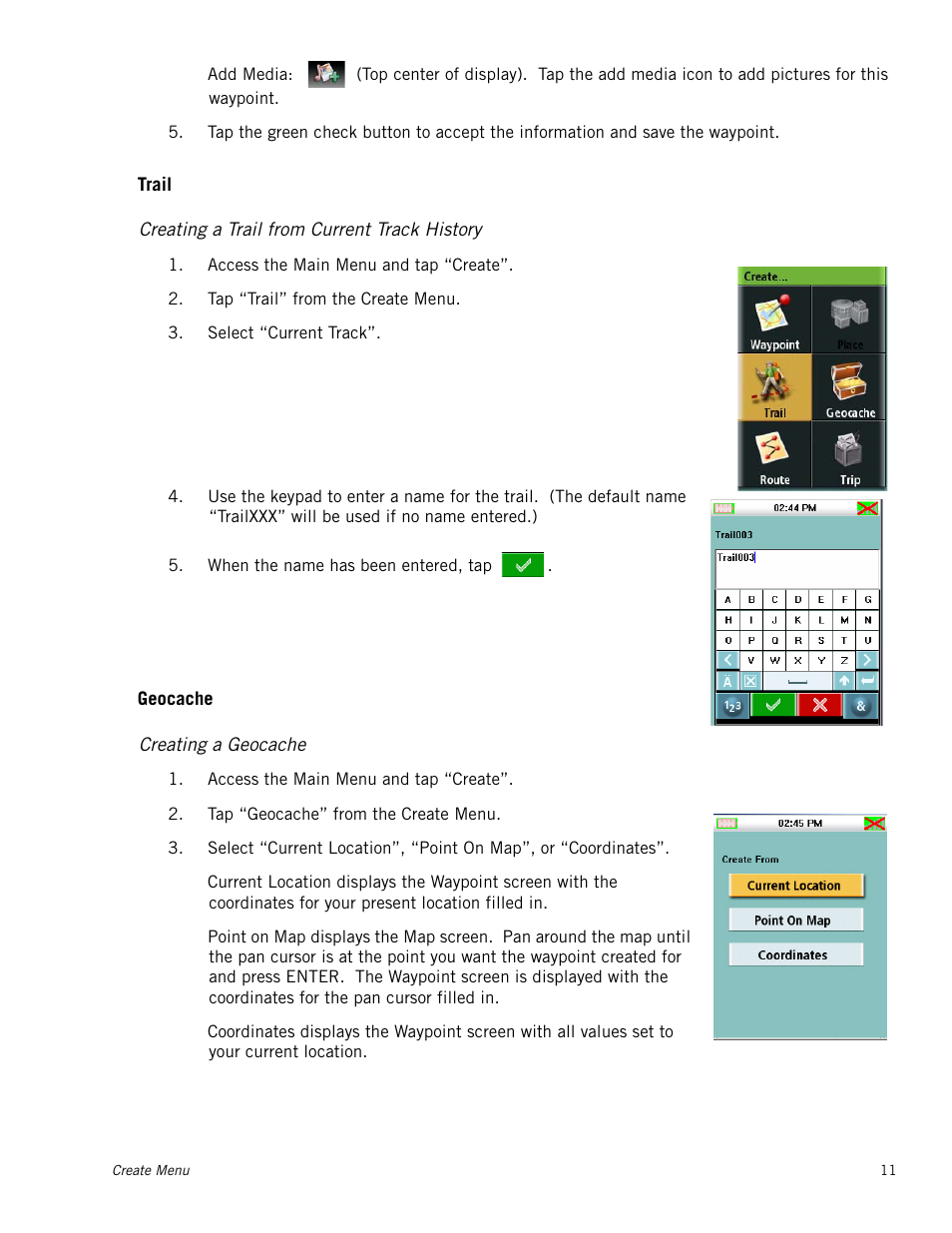 Creating a trail from current track history, Creating a geocache, Trail | Geocache, Creating a geocache waypoint | Magellan RoadMate 2000 User Manual | Page 17 / 33