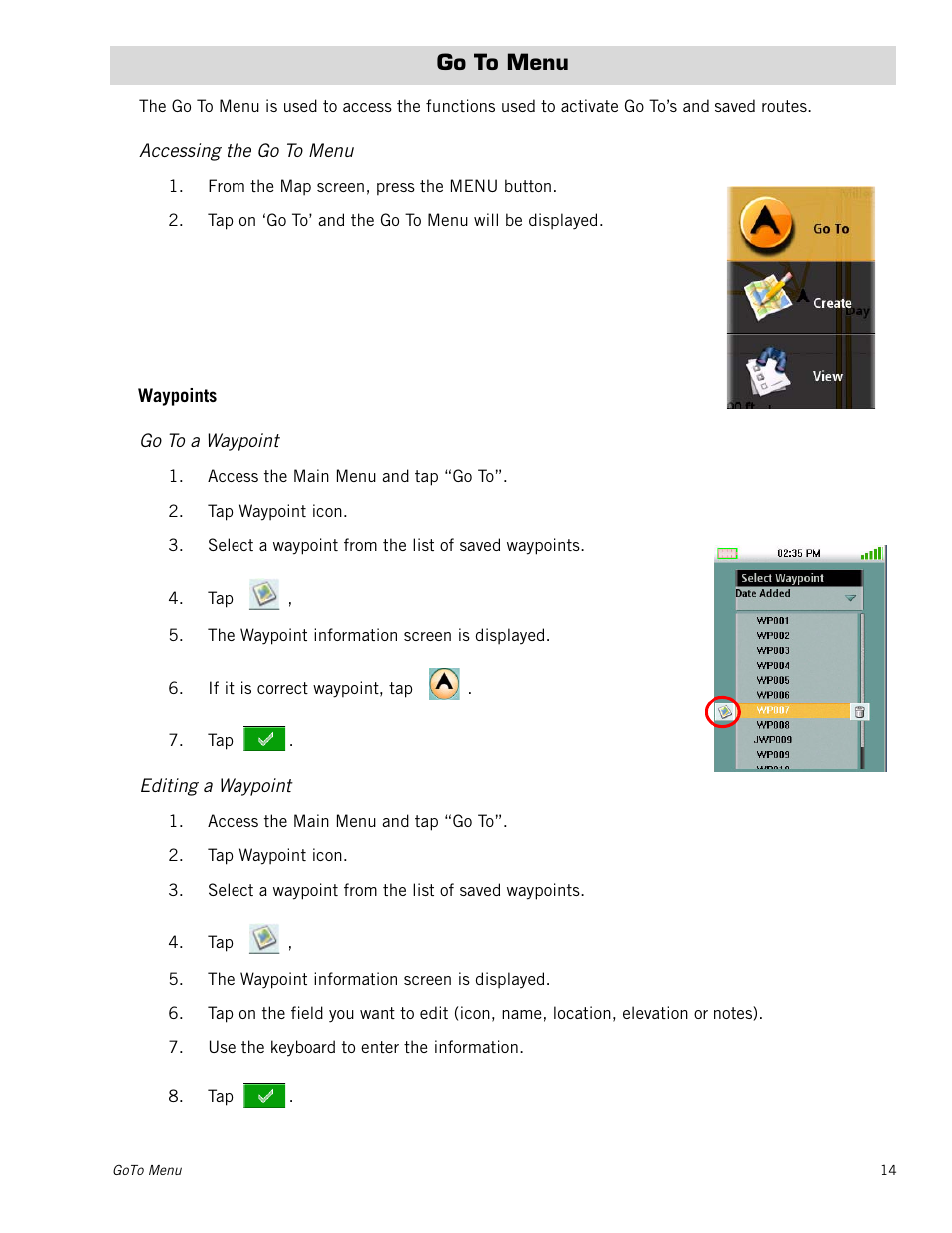 Go to menu, Accessing the go to menu, Go to a waypoint | Editing a waypoint, Waypoints | Magellan RoadMate 2000 User Manual | Page 20 / 33