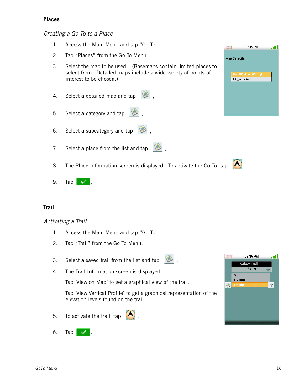 Creating a go to to a place, Activating a trail, Places | Trail, Deleting a trail | Magellan RoadMate 2000 User Manual | Page 22 / 33