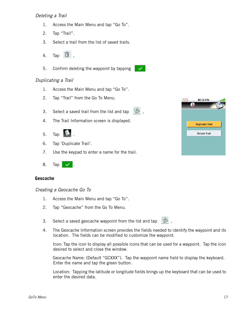 Deleting a trail, Duplicating a trail, Creating a geocache go to | Geocache | Magellan RoadMate 2000 User Manual | Page 23 / 33