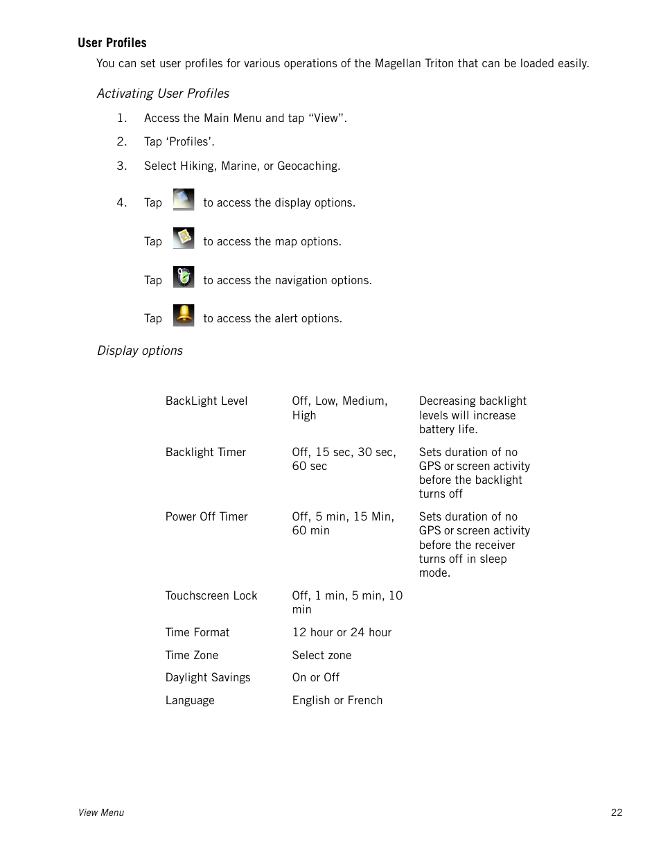 User profiles, Activating user profiles, Display options | Magellan RoadMate 2000 User Manual | Page 28 / 33