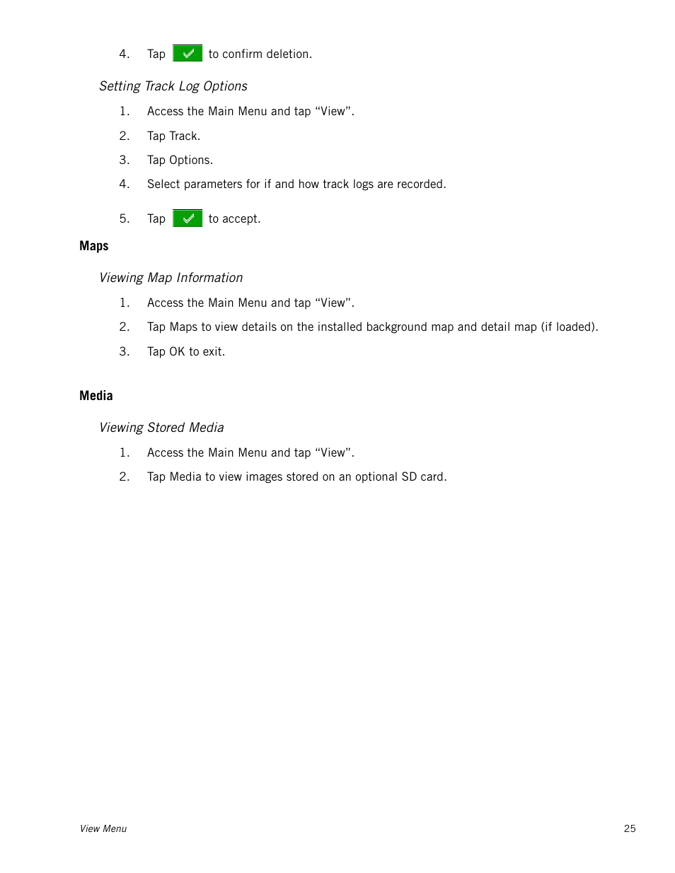 Setting track log options, Maps, Viewing map information | Media, Viewing stored media | Magellan RoadMate 2000 User Manual | Page 31 / 33