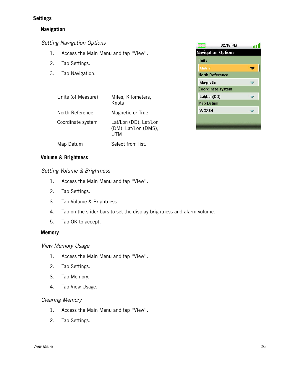 Settings, Setting navigation options, Setting volume & brightness | View memory usage, Clearing memory, Navigation, Volume & brightness, Memory | Magellan RoadMate 2000 User Manual | Page 32 / 33