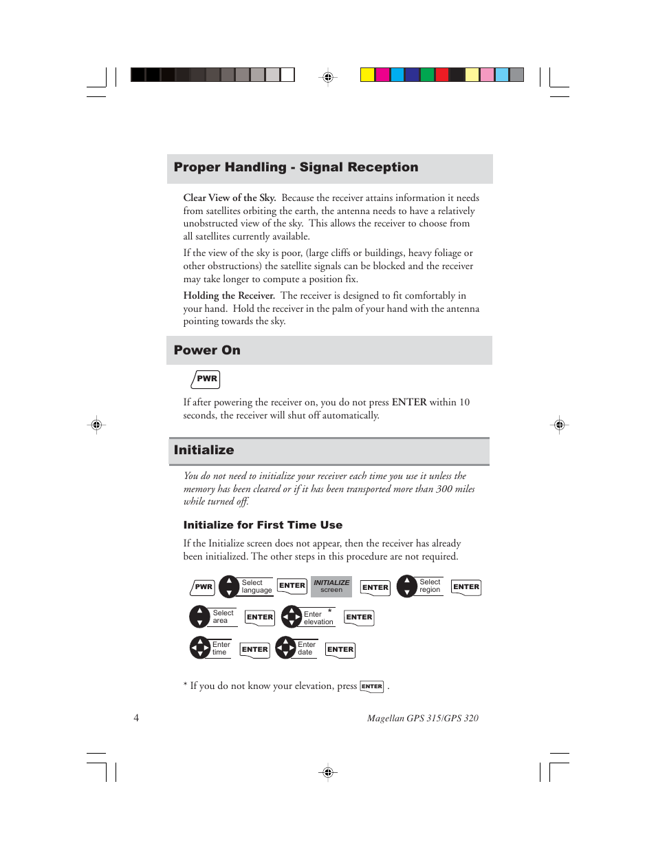 Proper handling - signal reception, Initialize, Power on | Magellan GPS 320 User Manual | Page 12 / 78