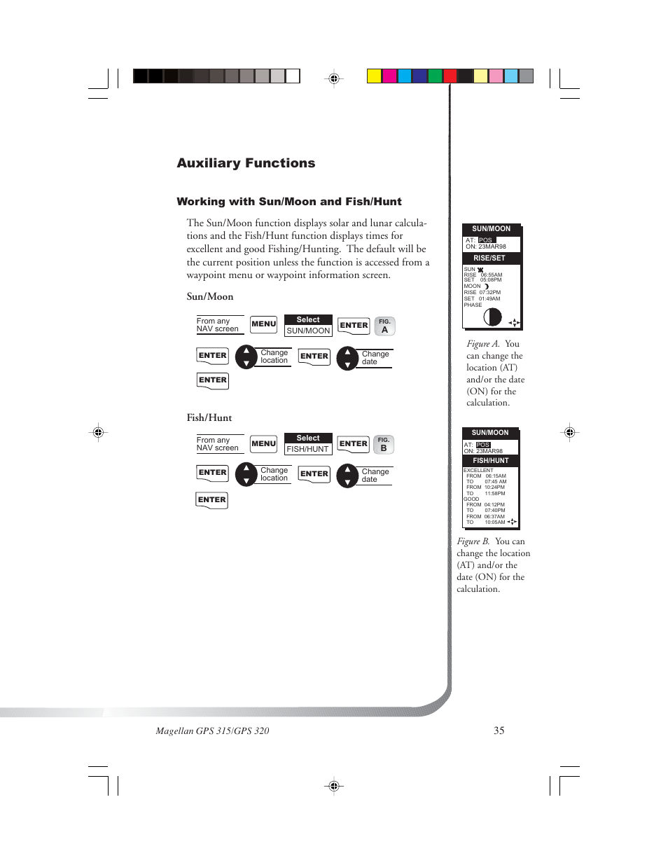 Auxiliary functions, 35 fish/hunt | Magellan GPS 320 User Manual | Page 43 / 78