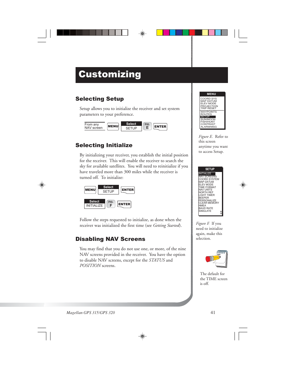 Customizing, Selecting setup, Selecting initialize | Disabling nav screens | Magellan GPS 320 User Manual | Page 49 / 78