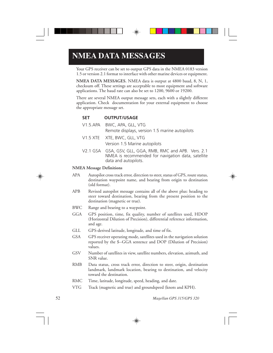 Nmea data messages | Magellan GPS 320 User Manual | Page 60 / 78