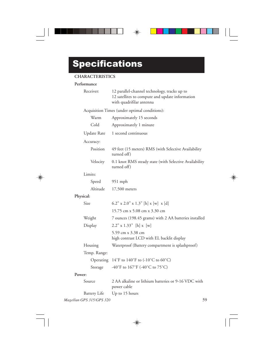 Specifications | Magellan GPS 320 User Manual | Page 67 / 78