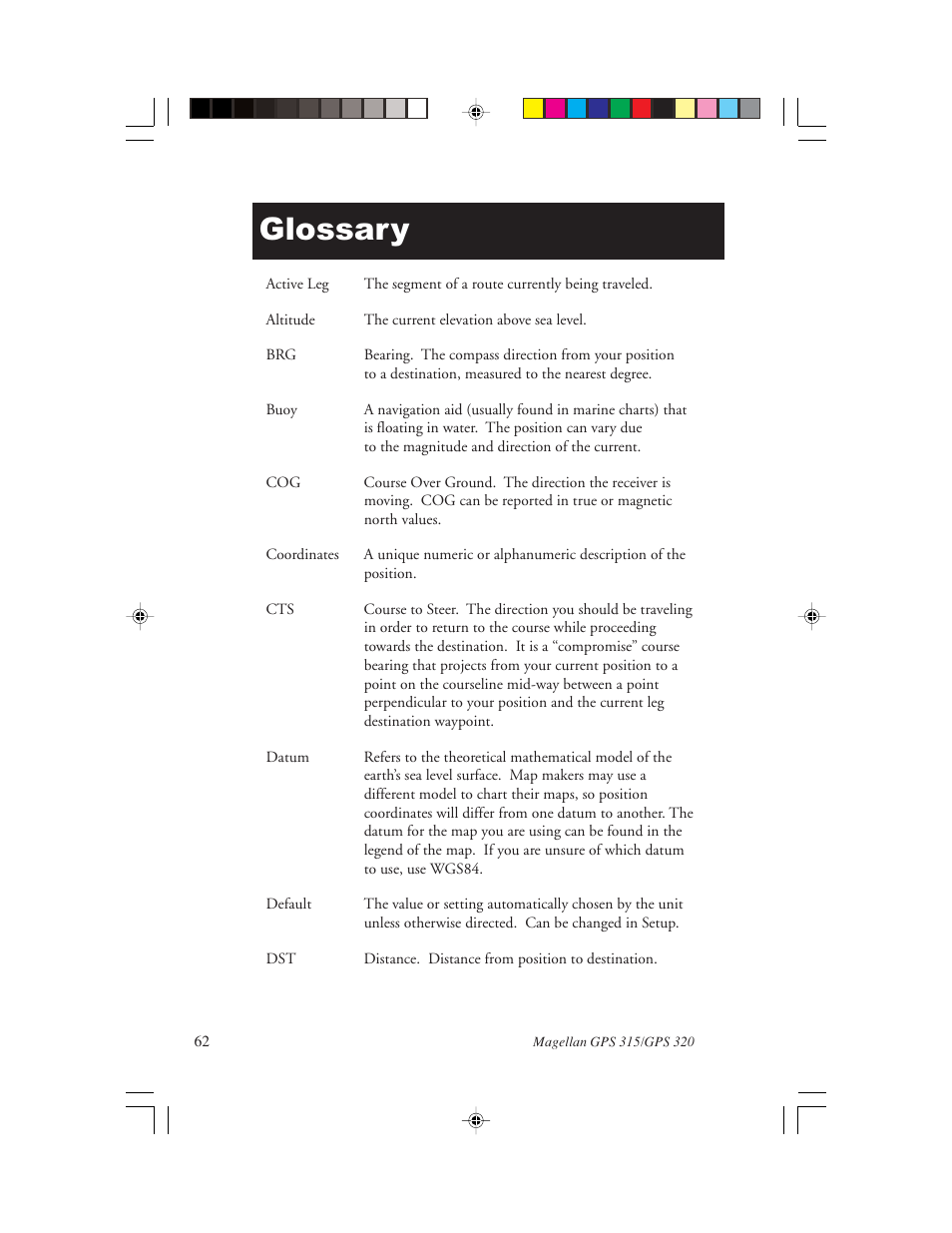 Glossary | Magellan GPS 320 User Manual | Page 70 / 78