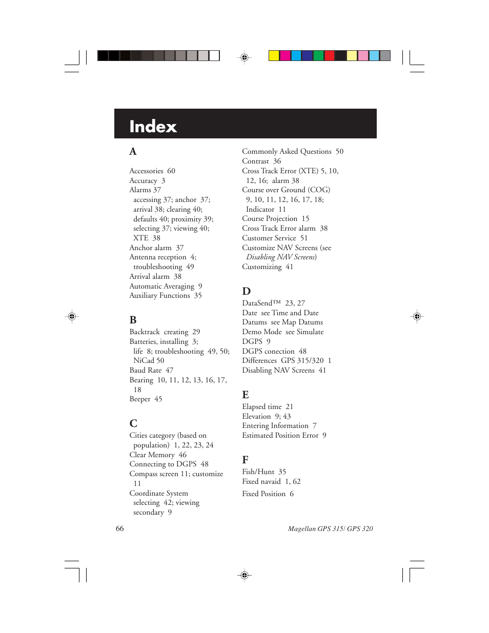 Index | Magellan GPS 320 User Manual | Page 74 / 78