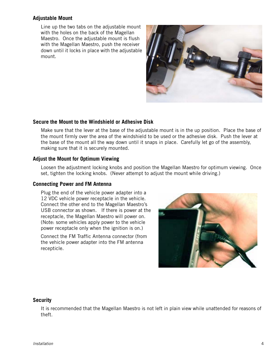 Adjustable mount, Adjust the mount for optimum viewing, Connecting power and fm antenna | Security | Magellan Maestro 4250 User Manual | Page 14 / 82