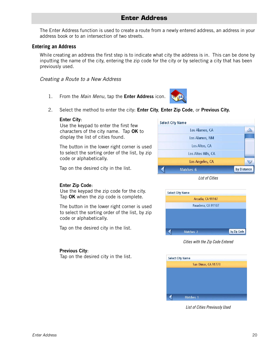 Enter address, Entering an address, Creating a route to a new address | Magellan Maestro 4250 User Manual | Page 30 / 82